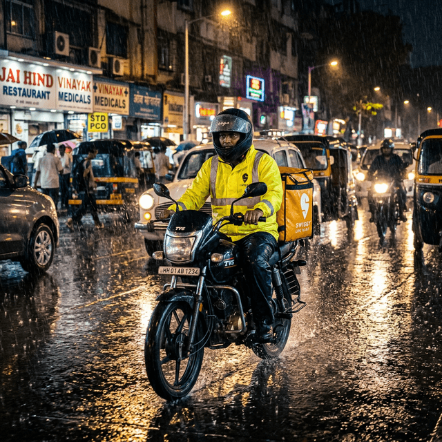 Premium cinematic shot of Indian delivery rider in monsoon rain